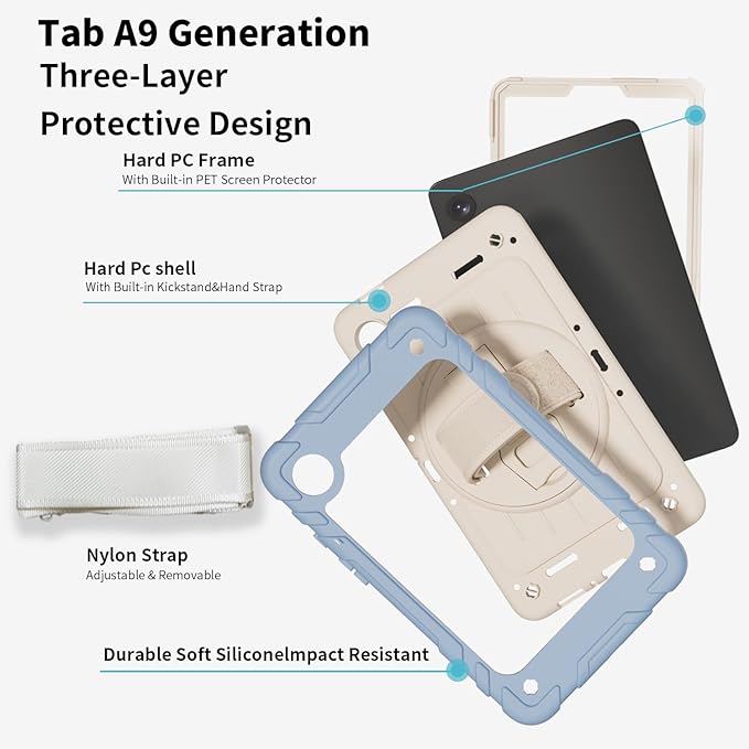 Case for Samsung Galaxy Tab A9 Case 8.7 Inch 2023 with 360 Rotating Hand Strap &amp Shoulder StrapProtective Case for Galaxy Tab A9 8.7 Tablet SM-X110/X115/X117 (Iceblue+White)