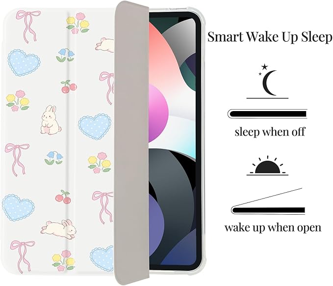 Cute Rabbit Floral Bow for iPad Air 13 Inch Case M3 2025/M2 2024[Pencil Holder+Auto Sleep/Wake]Slim Stand Soft Leather TPU Back Smart CoverWhite