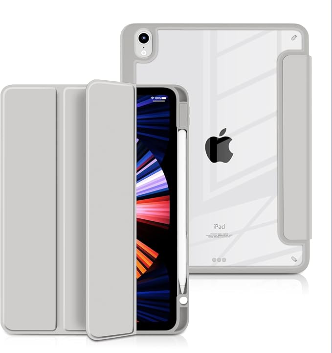 Batianda Hybrid Case for 11-inch iPad Air 2024 M2 Chip/iPad Air 4th/5th 10.9 inch [Built-in Pencil Holder] Shockproof Cover with Clear Back Shell TPU BumperGrey