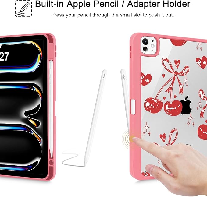 Mektron Case for M5/ M4 iPad Pro 11 inch 2025/2024 with Pencil Holder Compatible Models: A3357/A3358/A3359/A2836/A2837/A3006 Shockproof Cover Clear Shell Cherries Bows C388