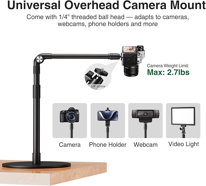 elitehood Overhead Phone Mount with Light for Video Recording Adjustable Desk Ring Light with Stand and Phone Holder Heavy Duty Overhead Camera Mount Tripod for iPhone Cooking Video Filming Meeting