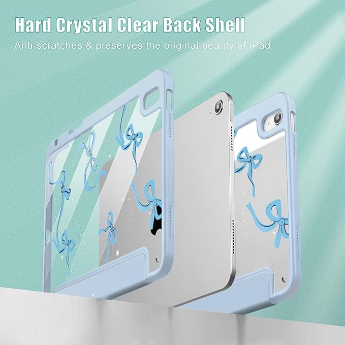 May Chen Case for iPad Air 13 Inch M4 2026 M3 2025 M2 2024 [Built-in Pencil Holder] Shockproof Cover with Clear Transparent Back Shell Auto Sleep/Wake Cover Blue Bows