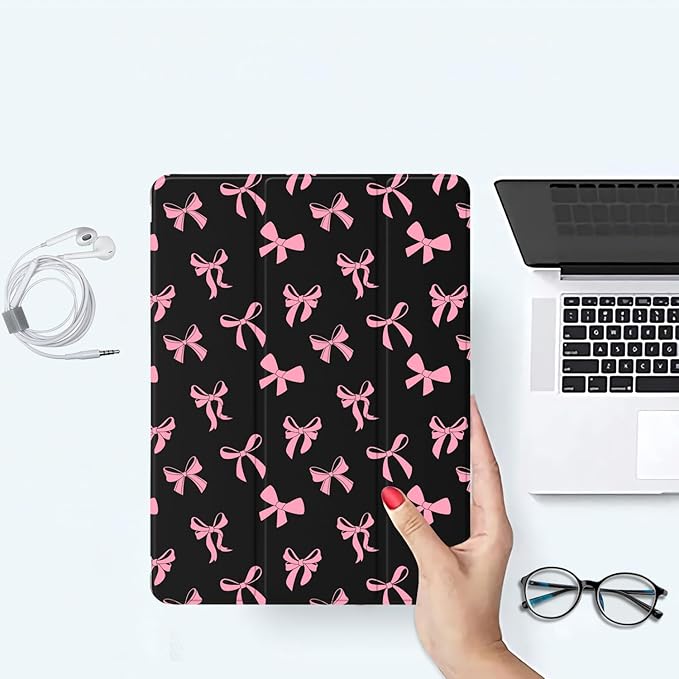 JOYLAND Cute Pink Bow Pattern Case Compatible with iPad mini 7th(A17 Pro) 2024 / Mini 6th Generation 8.3 2021Pencil Holder &amp Clear Transparent Back &amp Trifold Smart Pad Black Cover Scratchpro