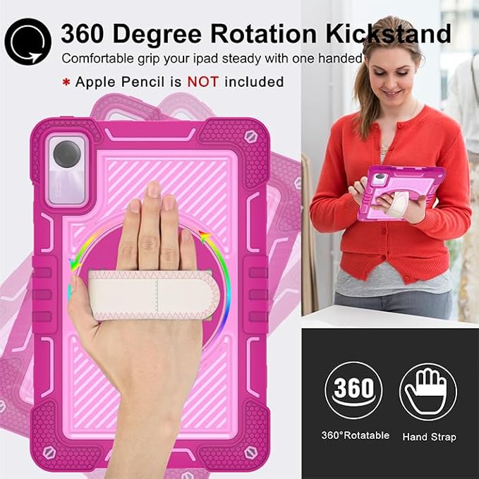 Tablet Case for Xiaomi Redmi Pad SE 11.0 inches Tablet Shockproof Cover with 360° Rotating Stand and Wrist Strap Shoulder Strap Red Rose+Pink