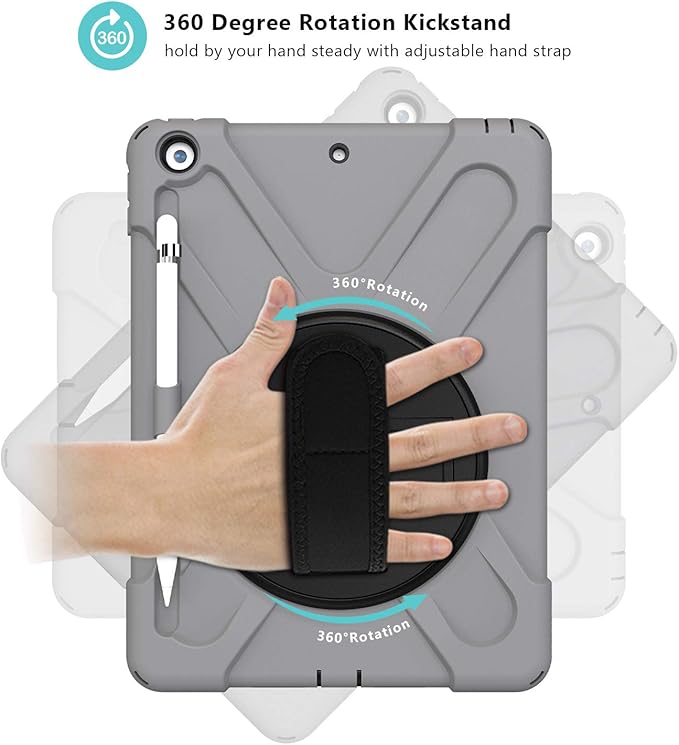 ProCase Rugged Case for iPad 9th/ 8th/ 7th Generation 10.2 (2021/2020/2019) Heavy Duty Shockproof Protective Cover with Strap for iPad 9/8/7 -Grey