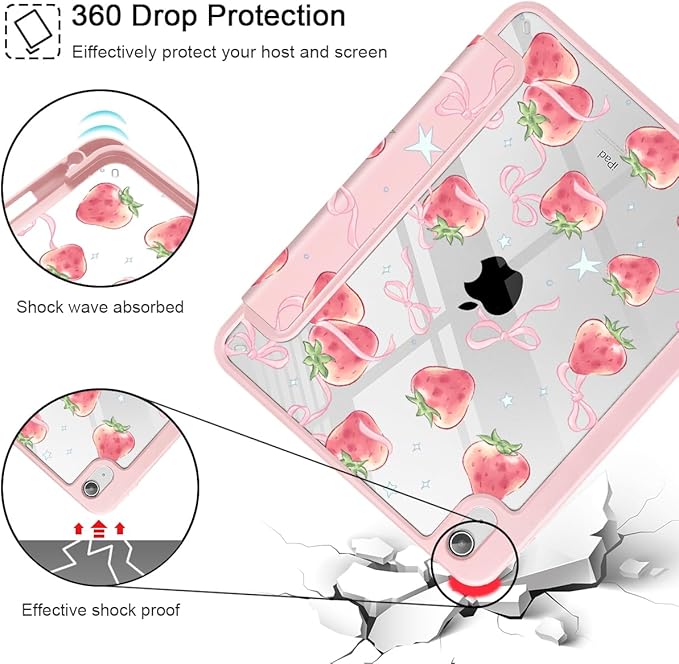 May Chen Case for iPad Air 13 Inch M4 2026 M3 2025 M2 2024 [Built-in Pencil Holder] Shockproof Cover with Clear Transparent Back Shell Auto Sleep/Wake Cover Bow Strawberry