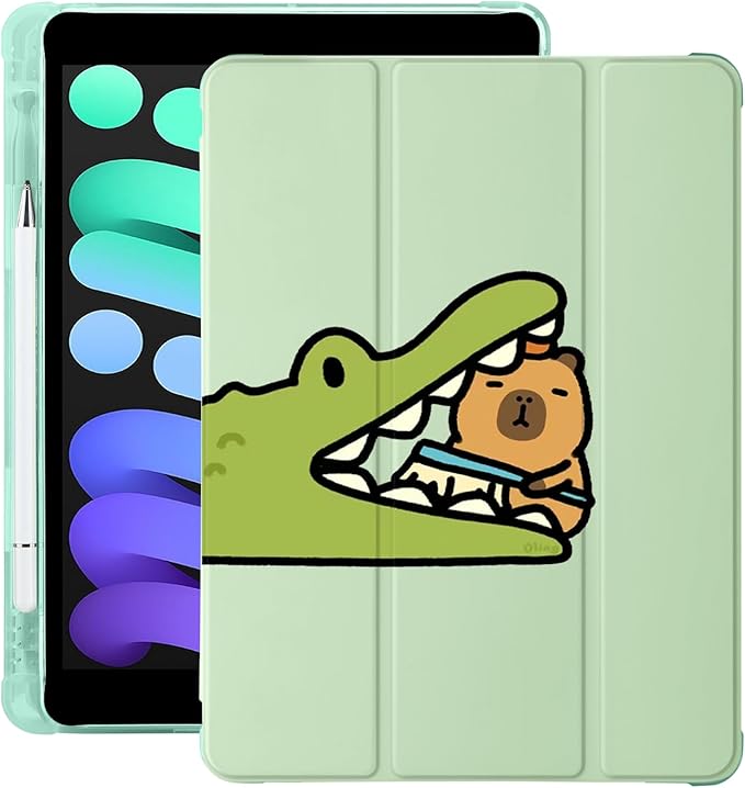 Cute Kawaii Capybara Crocodile for iPad Air 3 Case with Pencil Holder Auto Sleep/Wake Green Leather Soft TPU Back Cover for iPad Pro 10.5 Inch 2017