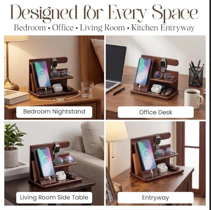 360° Rotating Nightstand Organizer - Wood Phone Docking Station with Rotating Base Charging Slot Holds watch Wallet Keys Eyewear - Birthday Gifts for Men &amp Women Bedroom or Office Use Dark