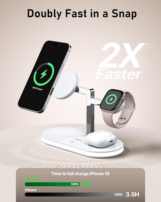 VBA 4 in 1 Wireless Charging Station for Apple MagSafe ChargerFast Charging Magnetic Wireless Charger Stand with Night Light for iPhone 17 Air 16 15 14 13 12 SeriesApple WatchAirPods Pro (White)