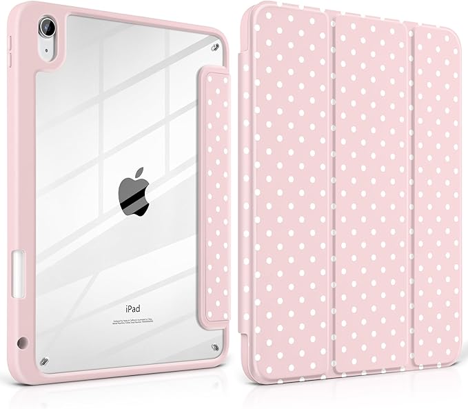 Case for iPad A16 11th Generation 11 inch 2025 iPad 10th Generation 10.9 inch 2022 -[Built-in Pencil Holder] Shockproof Clear Hard Back Trifold Stand Auto Wake/Sleep Pink White dot