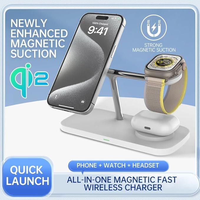 B0D8VYKY3B：Wireless Charging Station3 in 1 Charging StationWireless Charger Stand for iPhone 16/15/14/13 SeriesWatch Airpods Magnetic Wireless Charger StandAdjustable Angle Travel Charger (WHITE)