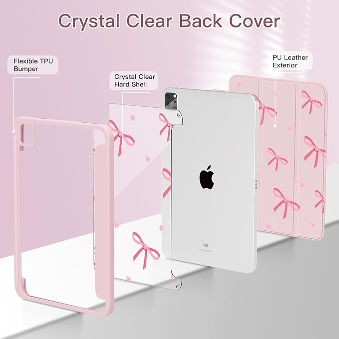 Teryeefi for iPad Air 11-Inch Case M4 (2026) / M3 (2025) / M2 (2024) iPad Air 4th/5th Generation iPad Pro 11 in 4th/3rd/2nd/1st - Clear Back Cover with Pencil Holder Auto Wake/Sleep (Pink Bows)