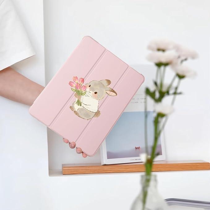 Cute Kawaii Bunny Flower for iPad 7th/8th/9th Generation Case with Pencil Holder Auto Sleep/Wake Pink Leather Soft TPU Back Cover for iPad 10.2 Inch 2019/2020/2021
