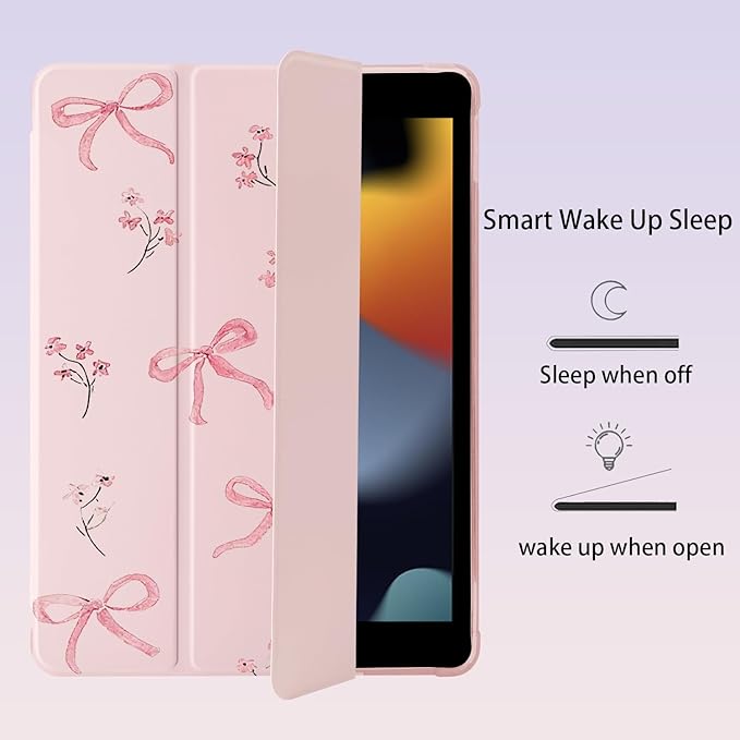 Cute Ribbon Bow Flower for iPad Air 3 Case with Pencil Holder Auto Sleep/Wake Pink Leather Soft TPU Back Cover for iPad Pro 10.5 Inch 2017
