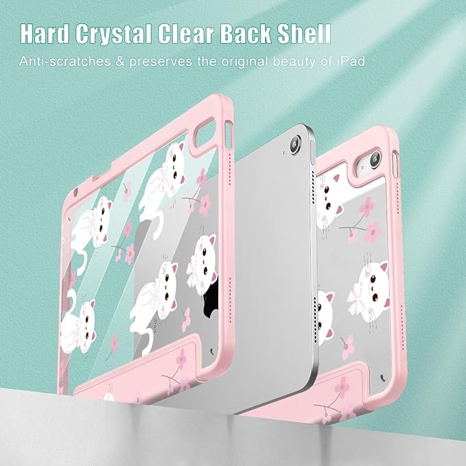 Tuiklol Case for iPad 11 inch (A16 Chip) 2025 Gen 11th / iPad 10.9 inch 2022 10th Gen Buit in Pencil Holder with Shockproof Cover Clear Transparent Back Shell Auto Wake/SleepCat-Pink