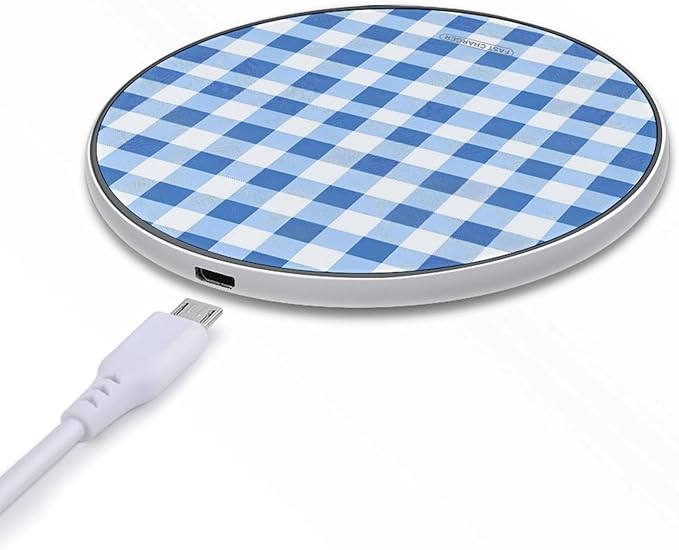 Blue and White Plaid Checkerboard Phone Charger Magnetic Charging Pad Anti-Slip with USB Cable