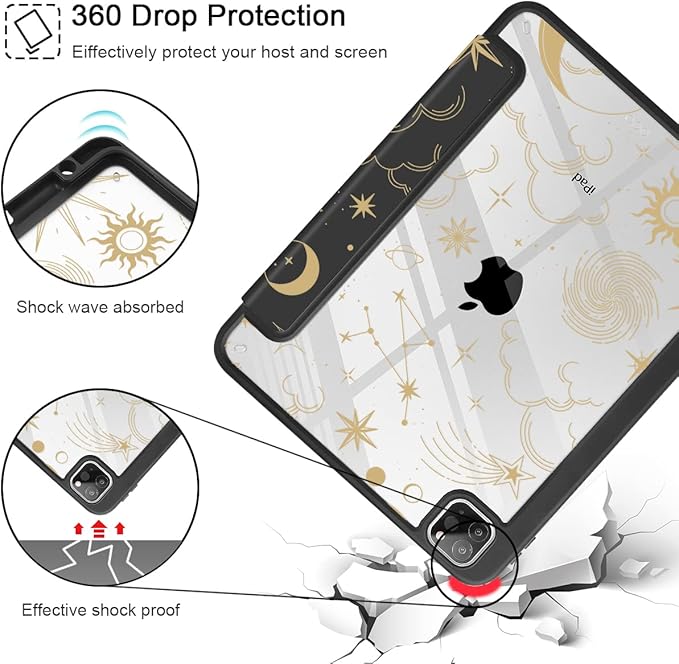 Tuiklol for iPad Pro 11 Inch Case M2 2022 Generation 4 -Built-in Pencil Holder Shockproof Cover Clear Transparent Back Shell Fit for iPad 11’’ 2021 2020 2018 Gen 3/2/1 for KidMoon and Star