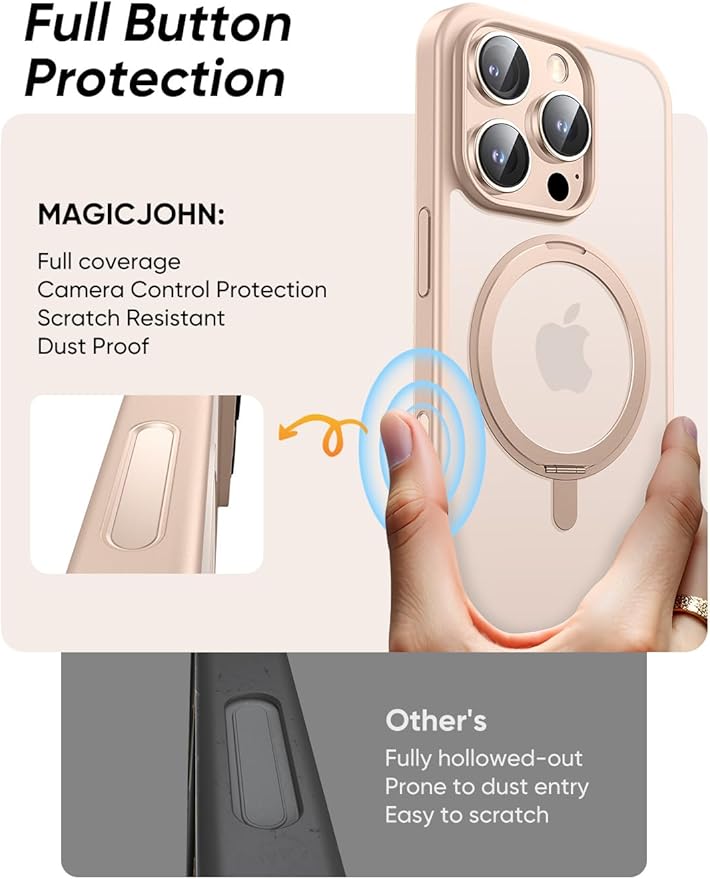 MAGIC JOHN 360° Rotatable Magnetic Invisible Stand for iPhone 16 Pro Case [Camera Control Button] [Compatible with MagSafe] 16FT Shockproof for iPhone 16 Pro Case with Kickstand Rose Gold