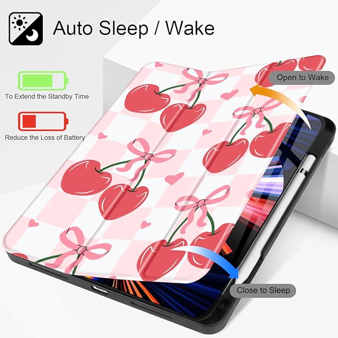 Mektron for iPad Pro M2 11-inch 4th/ 3rd/ 2nd/ 1st Gen Case 2022 2021 2020 2018 with Pencil Holder Tablet Cover with Soft TPU Back Cover for 11 inch iPad Pro Cherries Bows C353