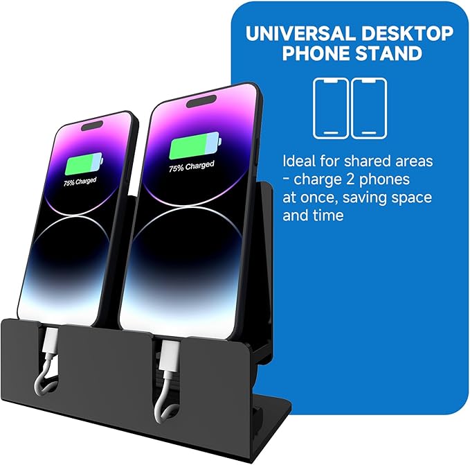 Dual Phone Holder Organizer Stand for 2 Phones Acrylic Desktop Universal Mobile Phone Docking Station Charger Holder with Cable Management Black