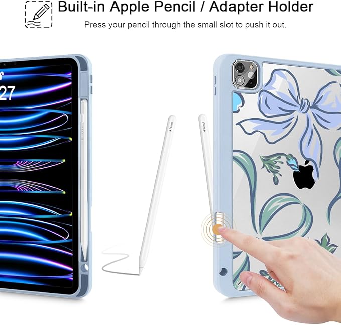 Mektron Case for iPad Pro 11 inch (4th 3rd 2nd &amp 1st Gen) 2022 2021 2020 2018 Buit in Pencil Holder with Shockproof Cover Clear Shell + Trifold Stand + Auto Wake/Sleep Bows C355