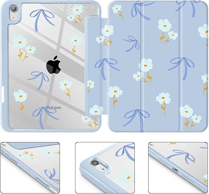 Mektron Printed Case for iPad mini 7 (A17 Pro) 2024/ Mini 6 2021 iPad mini 7th/6th Generation 8.3-inch Liquid Retina Display Cover Buit in Pencil Holder with Clear Back Shell Blue Bows &amp Flower