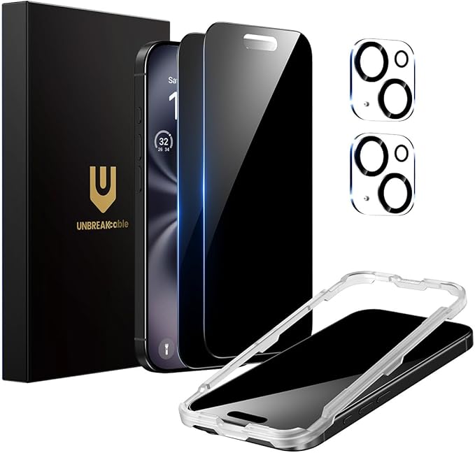 UNBREAKcable Privacy Screen Protector for iPhone 16 (6.1-Inch) 2-Pack + 2 Lens Protectors｜25° Anti-Spy｜9H Hardness｜Anti-Fingerprint｜HD Clarity Tempered Glass