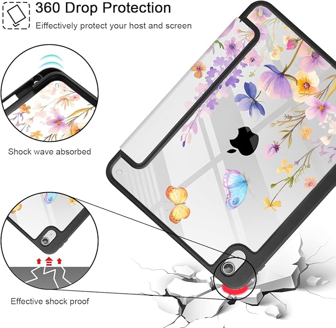 Tuiklol Case for iPad 11 inch (A16 Chip) 2025 Generation 11th / iPad 10.9 inch 2022 10th Gen Buit in Pencil Holder with Shockproof Cover Clear Transparent Back Shell Auto Wake/Sleep Purple Flower