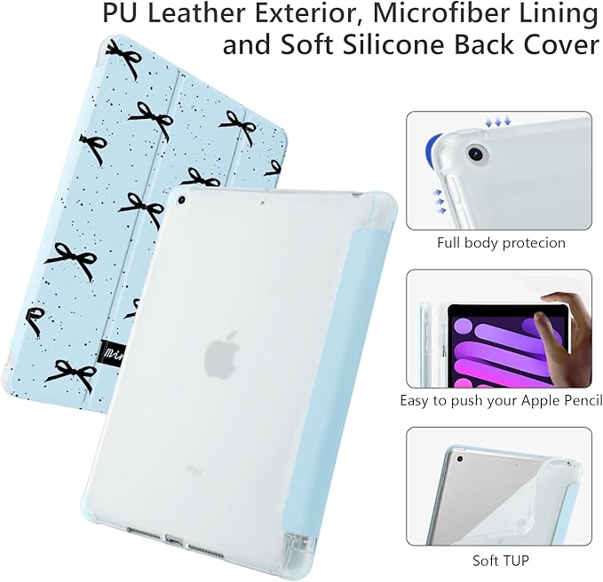 Cute Kawaii Black Bow for iPad Pro 11 Inch Case (M5/M4) 2025/2024 with Pencil Holder Auto Sleep/Wake Blue Leather Soft TPU Back Cover