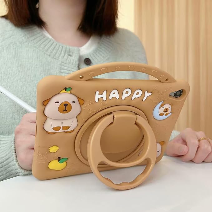 3D Cute Press Capybara Case for iPad 10th Generation (2022) 10.9 inch/iPad (A16) 11th 2025 11”Kawaii Cartoon Character Capybara Soft Silicone Rotating Stand Case with Lanyard for Kids Girls Women
