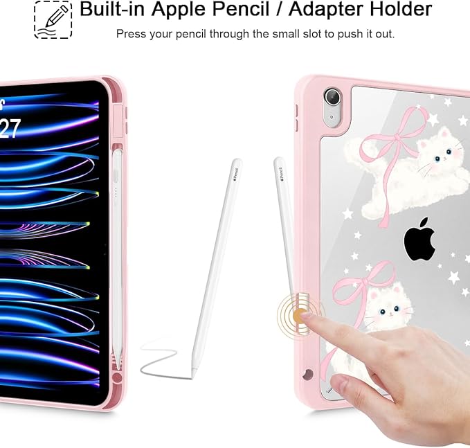 May Chen for iPad Air 11-inch M4/M3/M2 (2026/2025/2024) iPad Air 5th/4th 10.9 Inch - Shockproof Cover with Clear Back Shell &amp Penceil Holder Auto Wake/Sleep Stand Cover Bowknot Kitten