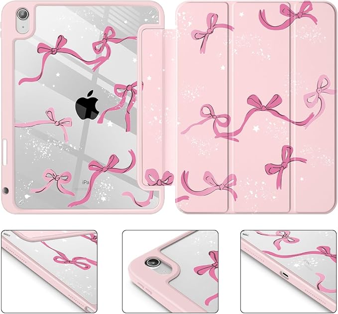 Tuiklol Case for iPad 11 inch (A16 Chip) 2025 Generation 11th / iPad 10.9 inch 2022 10th Gen Buit in Pencil Holder with Shockproof Cover Clear Transparent Back Shell Auto Wake/Sleep Bow-Pink