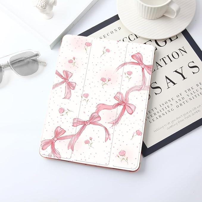 JOYLAND Cute Pink Bow Case for iPad 9th/8th/7th Generation 10.2 inch (2021/2020/2019) with Pencil HolderTrifold Stand Protective Cover with Soft TPU BackPink