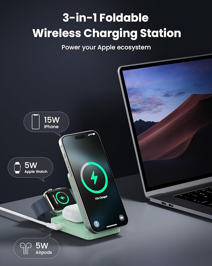3-in-1 Wireless Charger Charging Station for iPhone 15W Fast Charging Foldable Magnetic Charger Stand with 30W USB C Adapter for MagSafe iPhone 16/15/14/13/12 Apple Watch AirPods