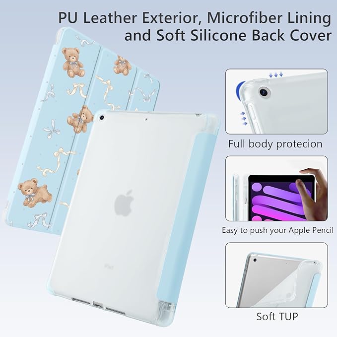 Cute Kawaii Bear Bow for iPad Pro 12.9 Inch Case 5th/6th Generation 2022/2021/2020 with Pencil Holder Auto Sleep/Wake Blue Leather Soft TPU Back Cover