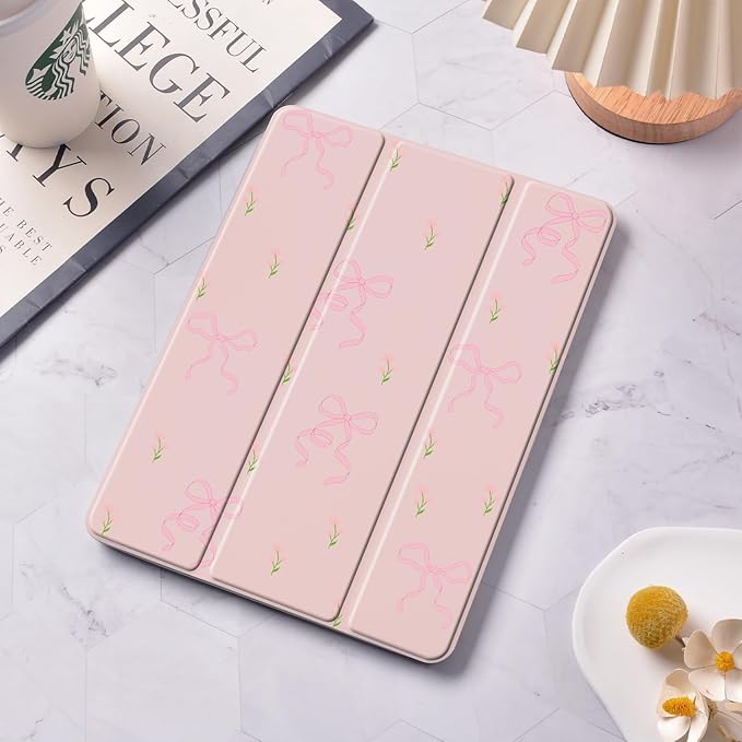 Pink Ribbon Bow Case for iPad A16 11th Generation 2025 11 / iPad 10th Generation 2022 10.9 with Pencil Holder Flower Girly Pink Leather Clear Back Shell Foldable Protective Cover