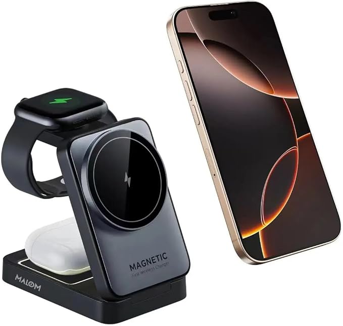 MALOM W91 3-in-1 Multifunctional Wireless Magnetic Charger for iPhone Apple Watch AirPods Foldable Nightlight (Black)