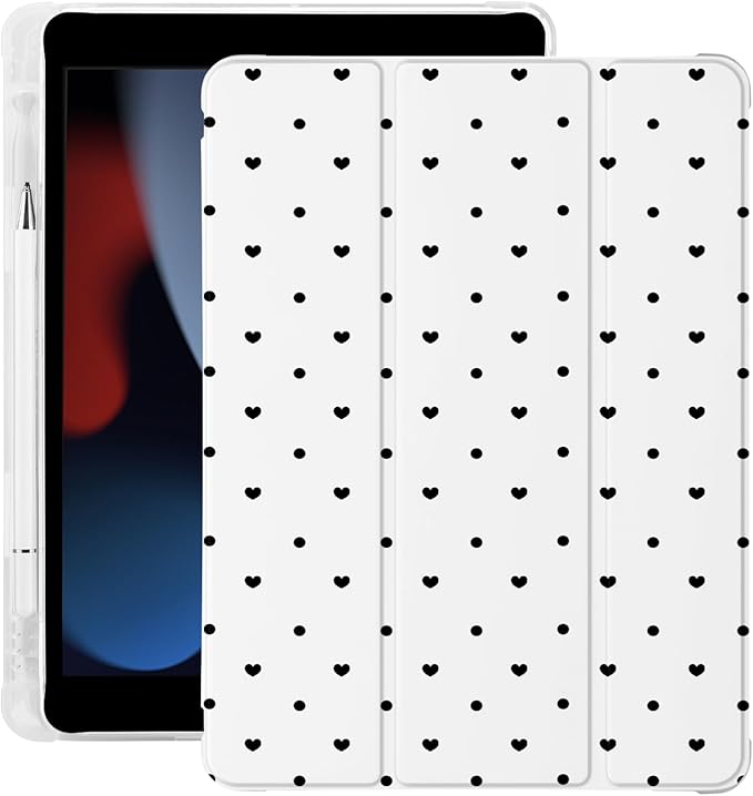 Cute Polka Dot Heart for iPad Air 11 Inch Case 7th/6th Generation (M3/M2) 2025/2024 with Pencil Holder Auto Sleep/Wake White Leather Soft TPU Back Cover