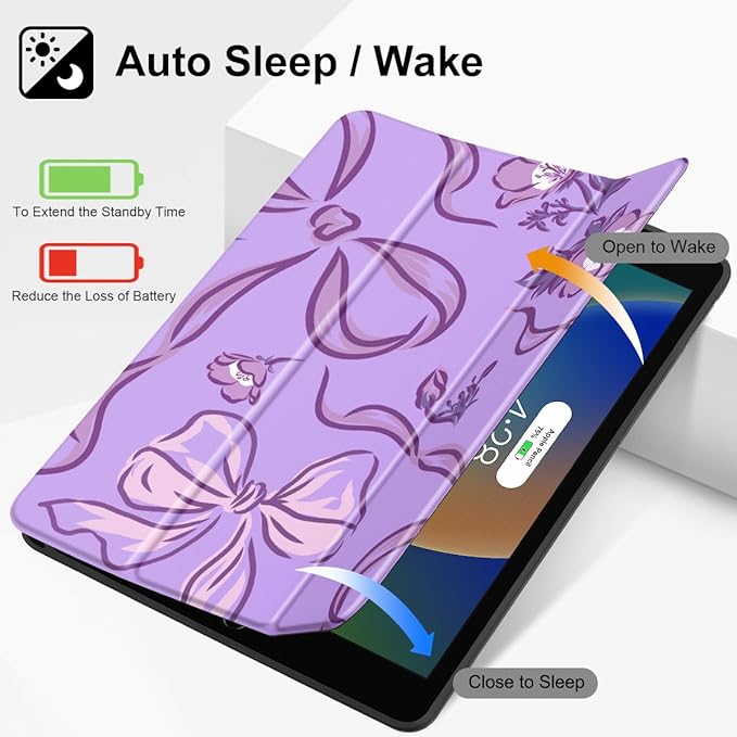 Mektron Designed Printed iPad 10.2 Case 9th Gen (2021)/ 8th Gen (2020)/ 7th Gen (2019) with Pencil Holder Slim Protective Case with Soft TPU Back for iPad 10.2 inch Flowers-Bows-Purple