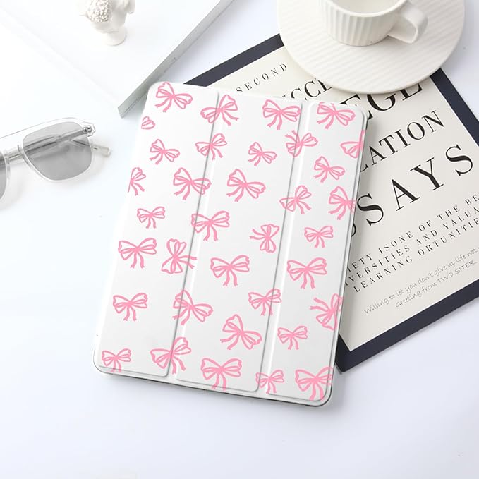 JOYLAND Girly Bow Pad Case for iPad 5th/6th Generation - White with Pencil Holder Auto Wake/Sleep Anti-Scratch Shockproof Premium Folio Stand for iPad 9.7 Inch