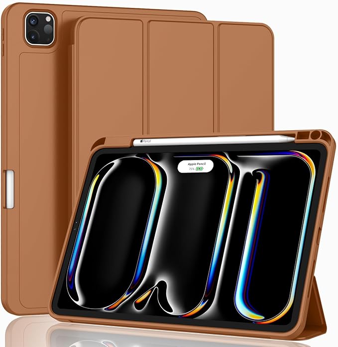 ZryXal iPad Pro 11 Inch Case (M5) 2025/ (M4) 2024 (Model: A2836/A2837/A3006) Trifold Stand Smart Cover with Pencil Holder and Soft TPU Back Auto Wake/Sleep (New Brown)