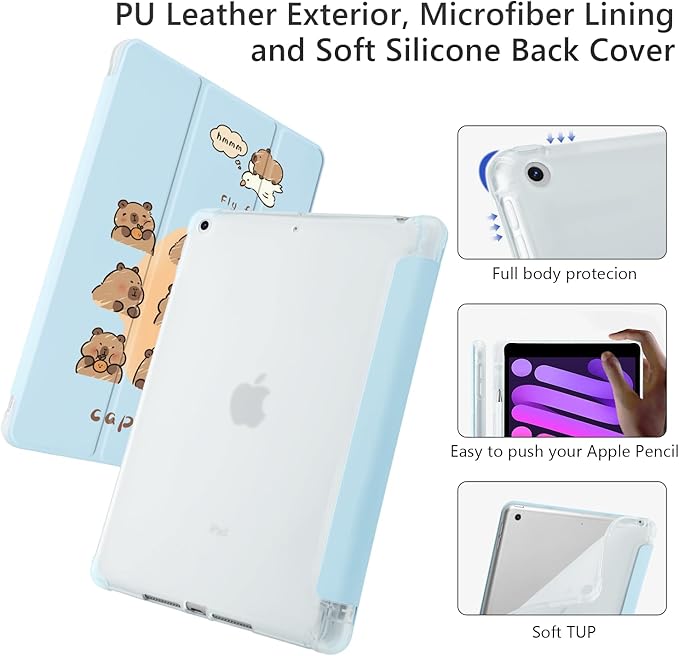 Cute Kawaii Capybara for iPad Air 13 Inch Case M3 2025/M2 2024 with Pencil Holder Auto Sleep/Wake Blue Leather Soft TPU Back Cover