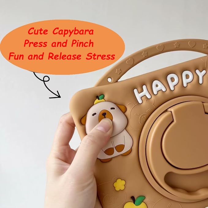 3D Cute Press Capybara Case for iPad 10th Generation (2022) 10.9 inch/iPad (A16) 11th 2025 11”Kawaii Cartoon Character Capybara Soft Silicone Rotating Stand Case with Lanyard for Kids Girls Women