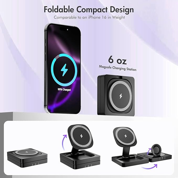 3-in-1 Foldable Wireless Charging Station Compatible with iPhone 17/16/15/14/13/12 Apple Watch AirPods Magnetic Fast Charging Stand Travel Charger