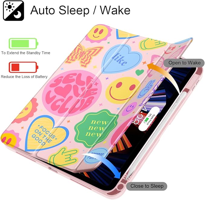 May Chen Case for iPad Air 13 Inch M4 2026 M3 2025 M2 2024 [Built-in Pencil Holder] Shockproof Cover with Clear Transparent Back Shell Auto Sleep/Wake Cover Smile Art