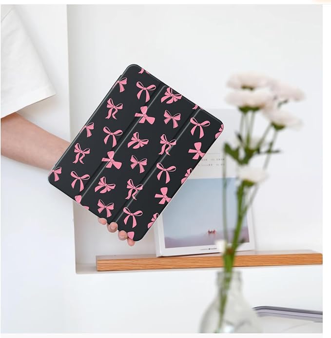 Cute Pink Bow for iPad Air 11 Inch Case 7th/6th Generation (M3/M2) 2025/2024 with Pencil Holder Auto Sleep/Wake Black Leather Clear Acrylic Back Cover