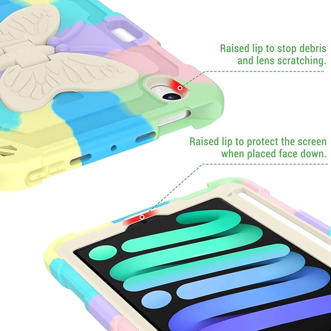 for iPad Mini 7 A17 Pro Case for iPad Mini 7th/6th Generation - Rugged Soft Silicone Cute Cartoon with Shoulder Strap Multi-Angle Stand Kawaii for Women Girls Girly Kids Teens Cover Colorful