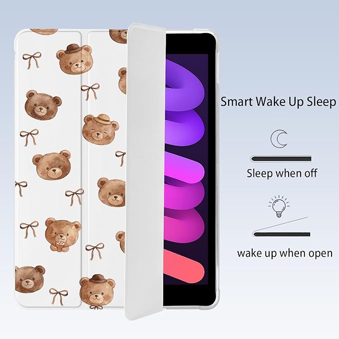 Cute Brown Bow Bear for iPad Air 13 Inch Case M3 2025/M2 2024 with Pencil Holder Auto Sleep/Wake White Leather Soft TPU Back Cover