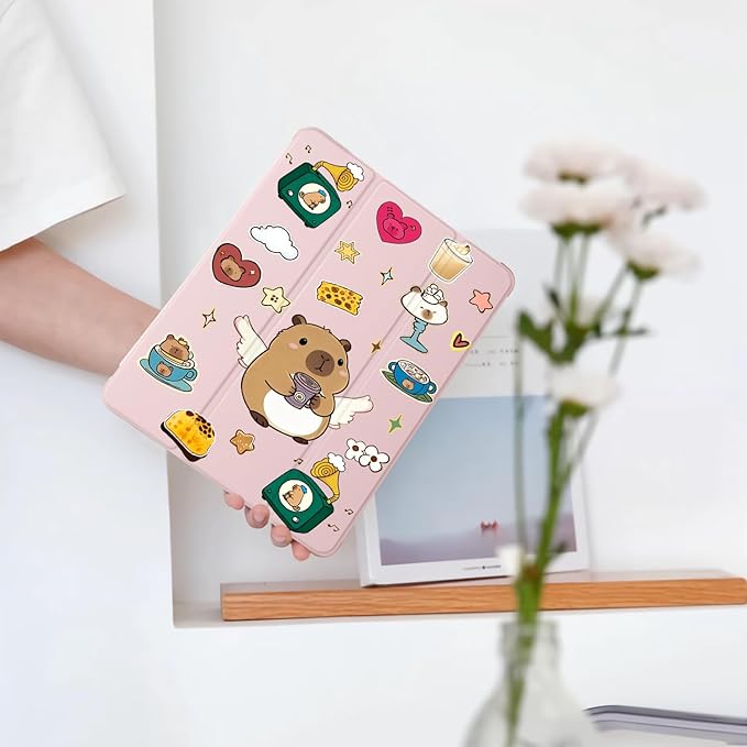 Cute Kawaii Capybara for iPad Pro 13 Inch Case (M5/M4) 2025/2024 with Pencil Holder Auto Sleep/Wake Pink Leather Soft TPU Back Cover