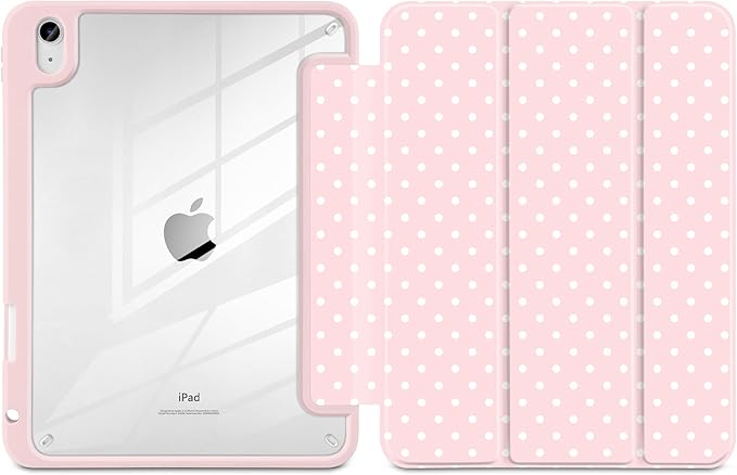 Case for iPad A16 11th Generation 11 inch 2025 iPad 10th Generation 10.9 inch 2022 -[Built-in Pencil Holder] Shockproof Clear Hard Back Trifold Stand Auto Wake/Sleep Pink White dot
